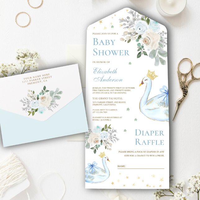Invitación Todo En Uno Pastel Blue Floral Swan Princess Baby Shower (Subido por el creador)