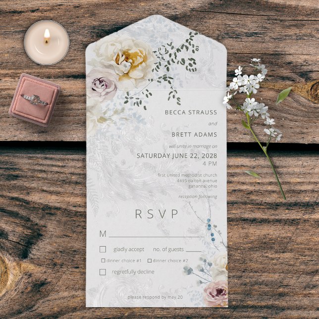 Invitación Todo En Uno Pastel de invierno escarpado Floral Cena moderna (Also available with a QR code or without dinner selection options.)