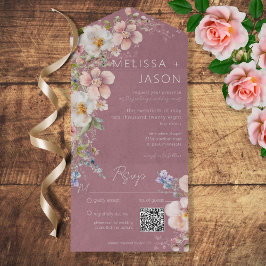 Invitación Todo En Uno Pastel Floral Moderno Dusty Rosa Código QR