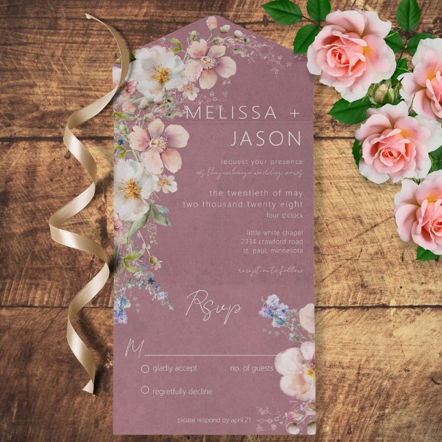 Invitación Todo En Uno Pastel Floral Moderno Dusty Rosa No Cena (Subido por el creador)