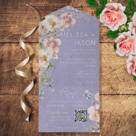 Invitación Todo En Uno Pastel Floral Moderno Lavanda Púrpura Código QR