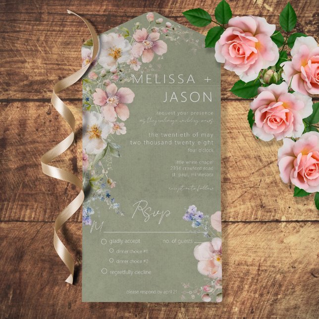 Invitación Todo En Uno Pastel Floral Moderno Sage Cena Verde (Subido por el creador)