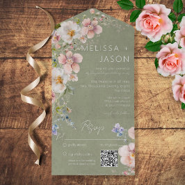 Invitación Todo En Uno Pastel Floral Moderno Sage Verde Código QR