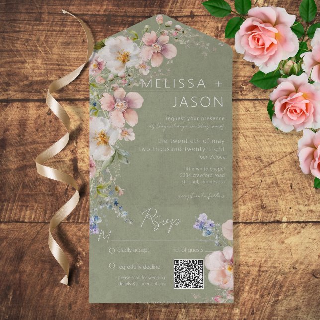 Invitación Todo En Uno Pastel Floral Moderno Sage Verde Código QR (Subido por el creador)