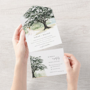 Invitación Todo En Uno Pastel Pareja Floral Árbol Boda Botánico