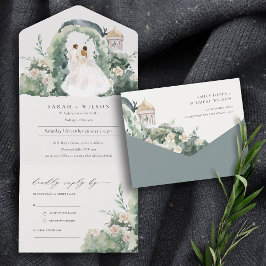 Invitación Todo En Uno Pastel Pareja Floral Jardín Arco Boda Botánico