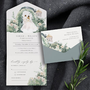 Invitación Todo En Uno Pastel Pareja Floral Jardín Arco Boda Botánico