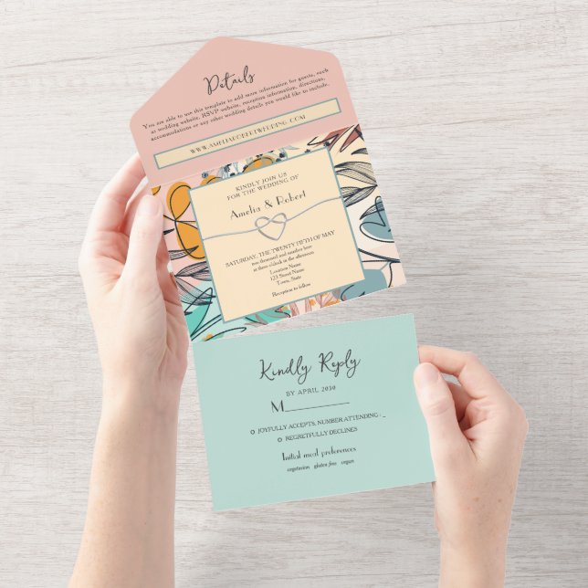 Invitación Todo En Uno Pastel Resumen Boho Boda (desgarro)