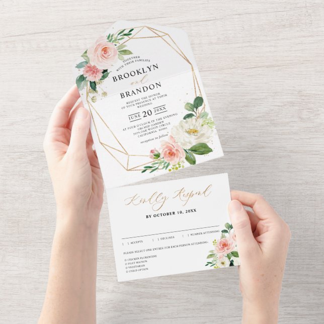 Invitación Todo En Uno Pastel Rubor Bonito Boda Botánico Floral Rosa (desgarro)