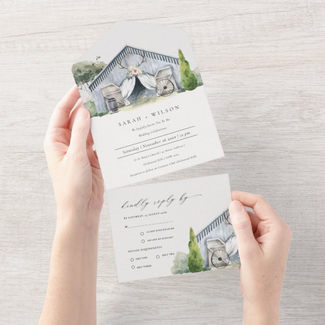Invitación Todo En Uno Pastel Rústico Dusky Barnyard Boda Temática (desgarro)