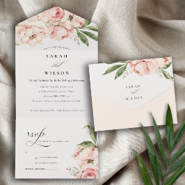 Invitación Todo En Uno Pastel Soft Rubor Peach Peony Floral Boda