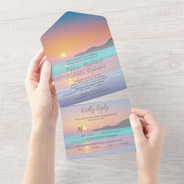 Invitación Todo En Uno Pastel Sunset Destination Ocean Beach Wedding (desgarro)