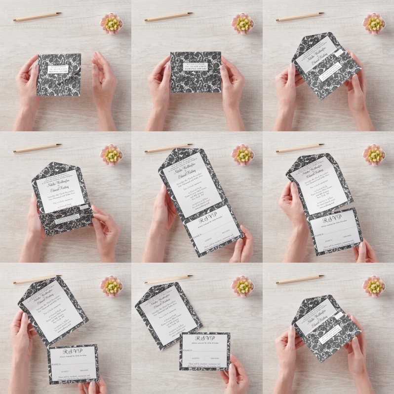 Invitación Todo En Uno Patrocinador blanco negro Paisley Henna Wedding RS