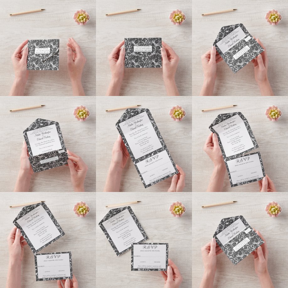 Invitación Todo En Uno Patrocinador blanco negro Paisley Henna Wedding RS