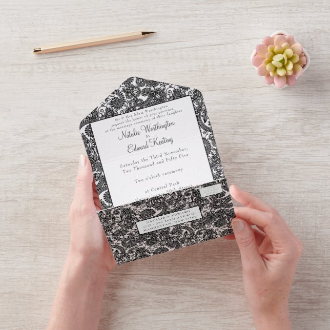 Invitación Todo En Uno Patrocinador blanco negro Paisley Henna Wedding RS (Video)