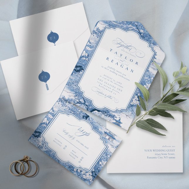 Invitación Todo En Uno Patrón Chinoiserie de inspiración porcelana ID1094 (Subido por el creador)