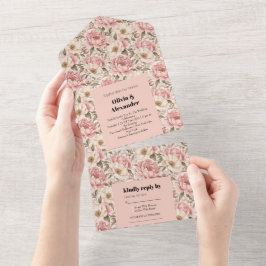 Invitación Todo En Uno Patrón de peonías florecidas vintage