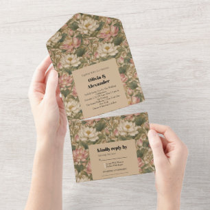 Invitación Todo En Uno Patrón floral botánico de loto de agua vintage