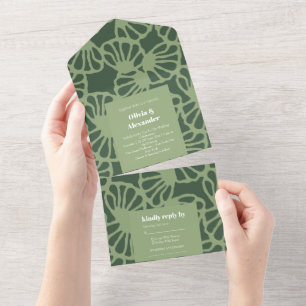 Invitación Todo En Uno Patrón floral de coral abstracto verde salvia sin