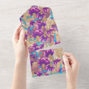 Invitación Todo En Uno Patrón floral vibrante con color púrpura y azul de