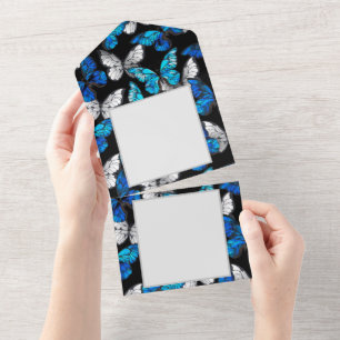 Invitación Todo En Uno Patrón oscuro sin foco con mariposas azules morfo