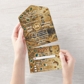 Invitación Todo En Uno Pavo Real Elegante Goteando Glitter Dorado