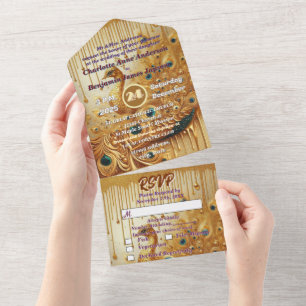 Invitación Todo En Uno Pavo Real Elegante Goteando Oro Brillante