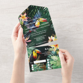 Invitación Todo En Uno Pavo toscano jungla acuarela frangipani monstera