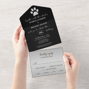 Invitación Todo En Uno Paw de perro plateado sobre fondo negro