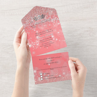 Invitación Todo En Uno Peach Bokeh y la Purpurina Quinceañera