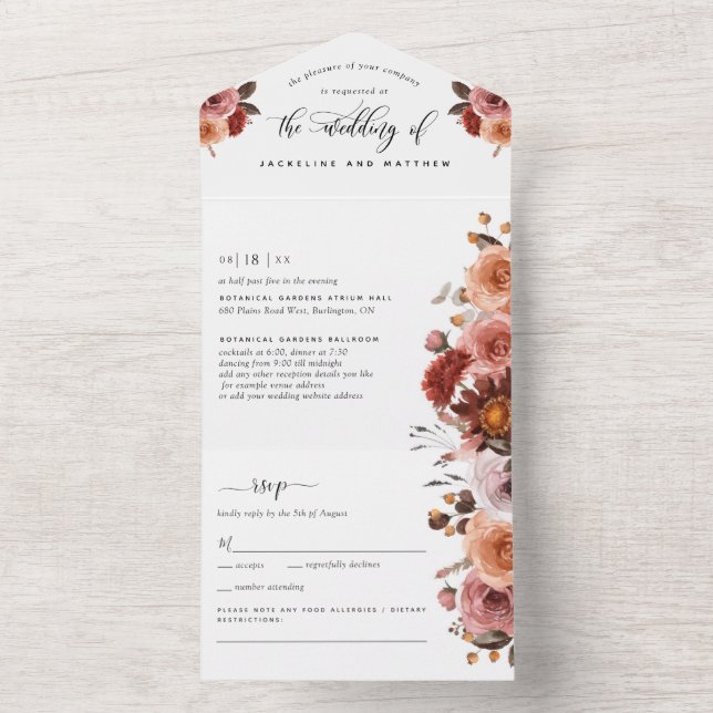 Invitación Todo En Uno Peach, Borgoña Rubor Floral Wedding RSVP  (Interior)