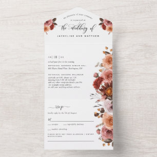 Invitación Todo En Uno Peach, Borgoña Rubor Floral Wedding RSVP 