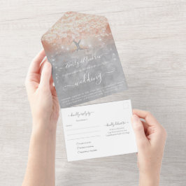 Invitación Todo En Uno Peach Coral Apricot Pink Heart Leaf Tree Boda