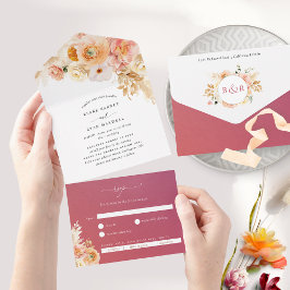 Invitación Todo En Uno Peach de moda y Boda floral de Borgoña con RSVP A