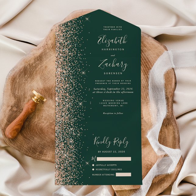 Invitación Todo En Uno Peach Glitter Emerald Green Wedding (Subido por el creador)