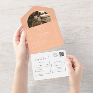 Invitación Todo En Uno Peach Modern Minimal Arch Photo QR Code RSVP