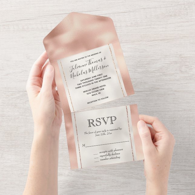Invitación Todo En Uno Peach Rosa Gold Luxe White (desgarro)