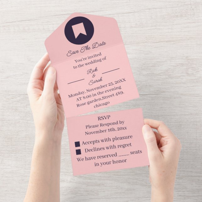 Invitación Todo En Uno Peach Simple Personalizado Guardar La Fecha (desgarro)
