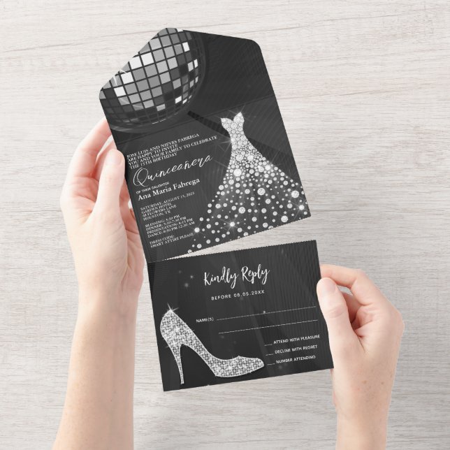Invitación Todo En Uno Pelota Disco, Stiletto y Ball Gown Quinceañera (desgarro)