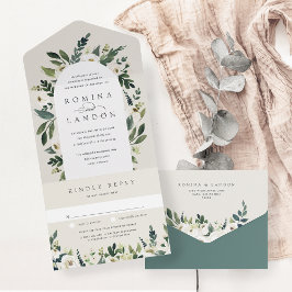 Invitación Todo En Uno Peonía blanca | Boda de arcos florales de acuarela