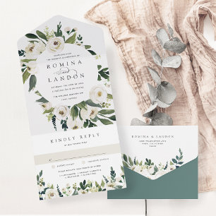 Invitación Todo En Uno Peonía blanca   Boda de marco floral acuarela