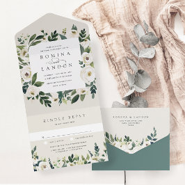 Invitación Todo En Uno Peonía blanca | Boda de marco floral acuarela
