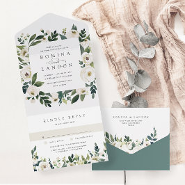 Invitación Todo En Uno Peonía blanca | Boda de marco floral acuarela