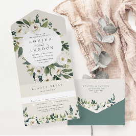 Invitación Todo En Uno Peonía blanca | Boda de marco floral acuarela