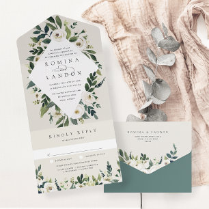 Invitación Todo En Uno Peonía blanca   Boda de marco floral acuarela