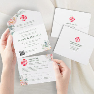 Invitación Todo En Uno Peonías vietnamitas bilingües Tradicional Todo Inc