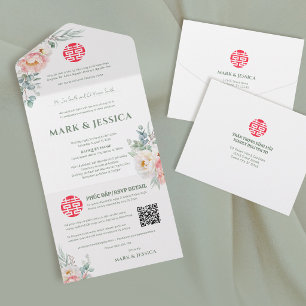 Invitación Todo En Uno Peonías vietnamitas bilingües tradicionales