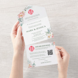 Invitación Todo En Uno Peonías vietnamitas bilingües tradicionales