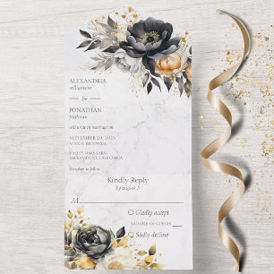 Invitación Todo En Uno Peonies negros y de oro en mármol