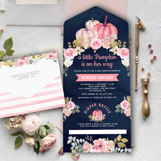 Invitación Todo En Uno Pequeña calabaza de la Marina Floral Rosa Baby Sho (Subido por el creador)